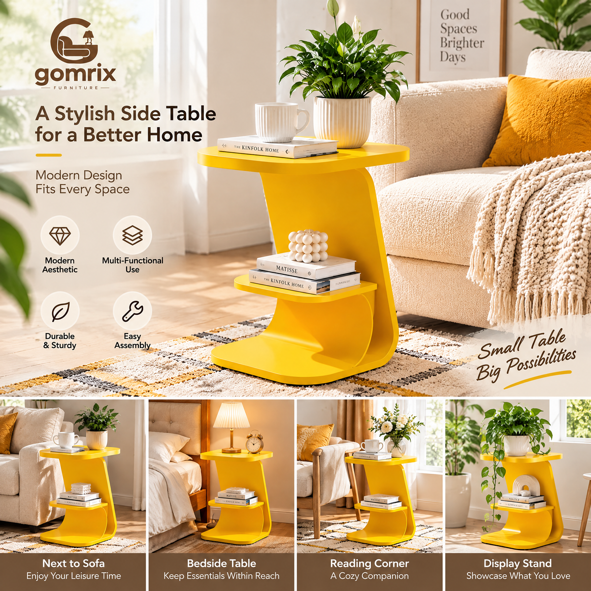 Gomrix Round Side Table with Storage Shelf