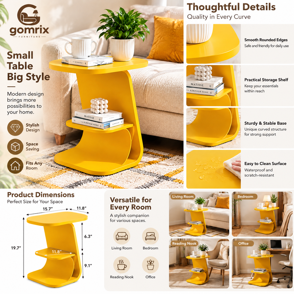 Gomrix Round Side Table with Storage Shelf