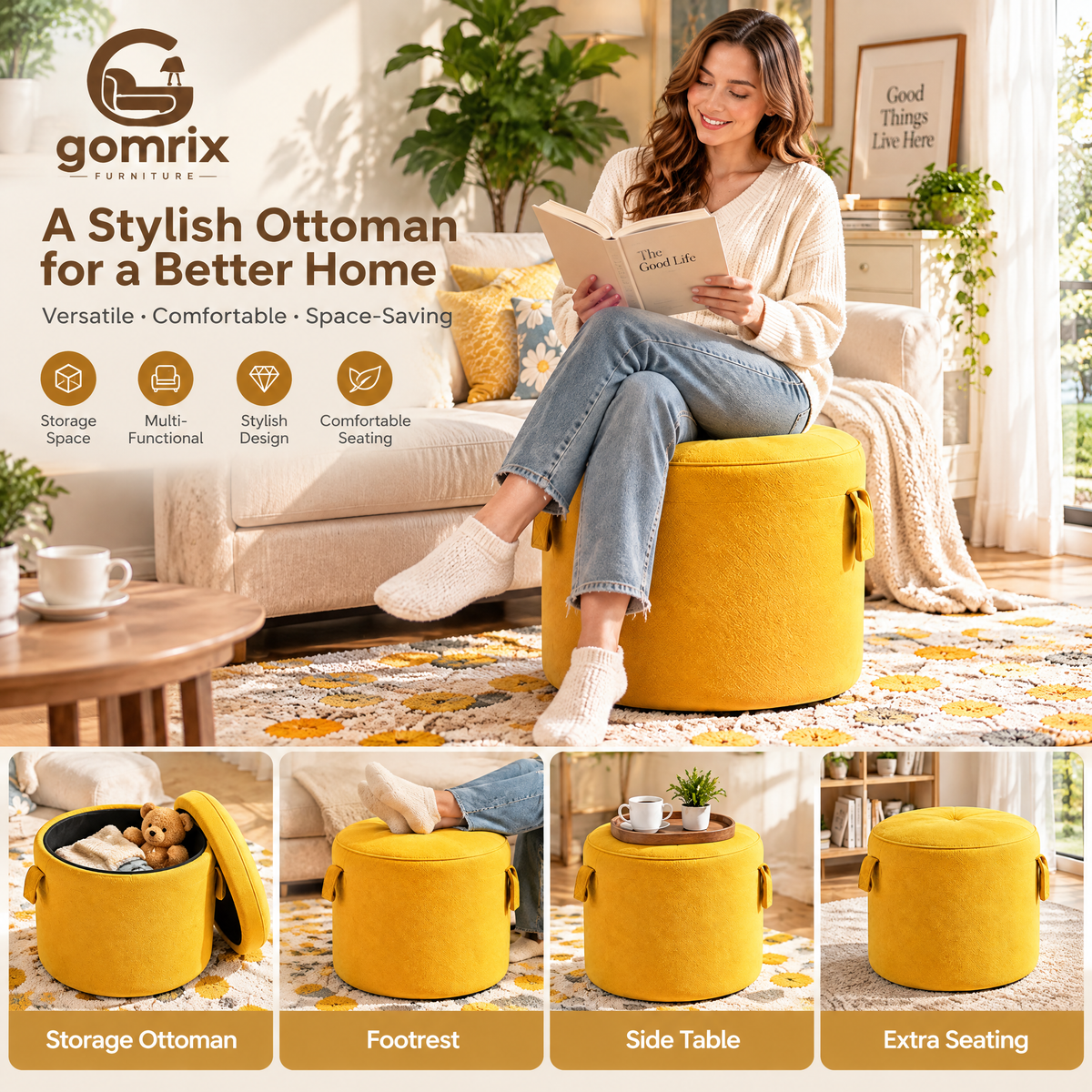 Gomrix Round Velvet Ottoman Stool