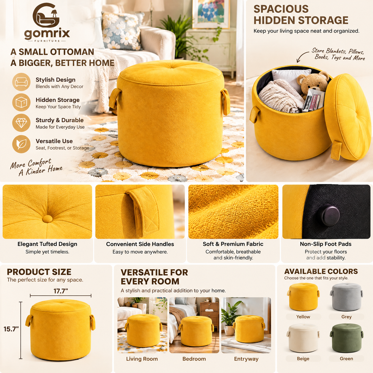 Gomrix Round Velvet Ottoman Stool