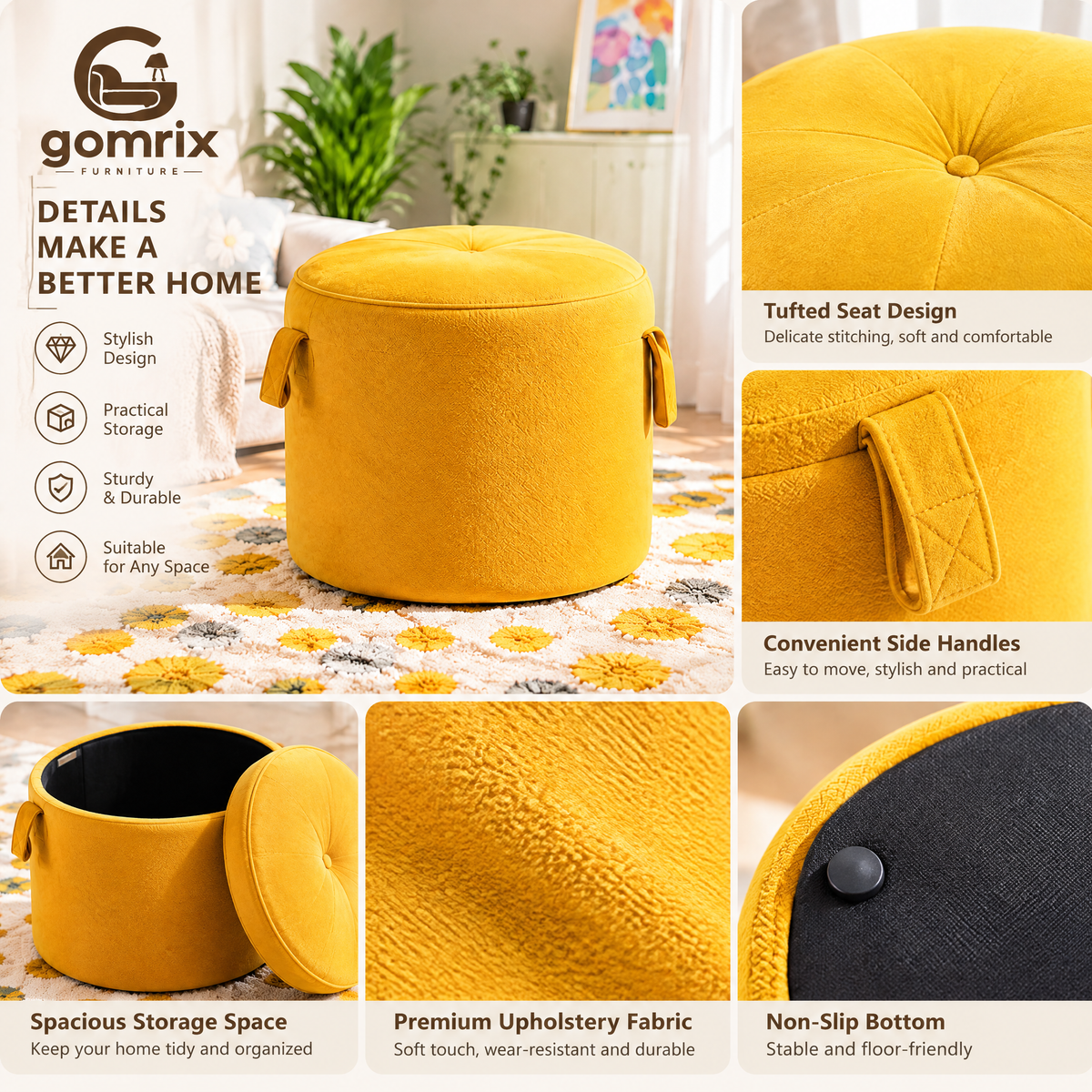 Gomrix Round Velvet Ottoman Stool