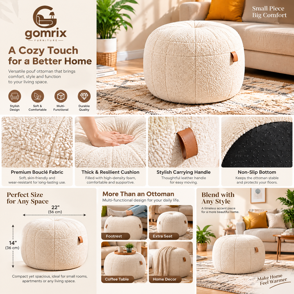 Gomrix Cream Round Ottoman Stool
