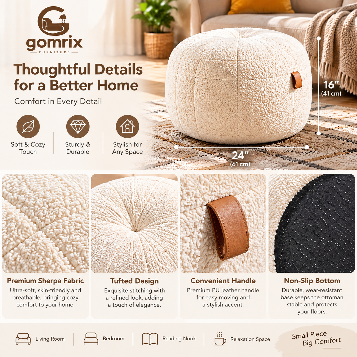 Gomrix Cream Round Ottoman Stool