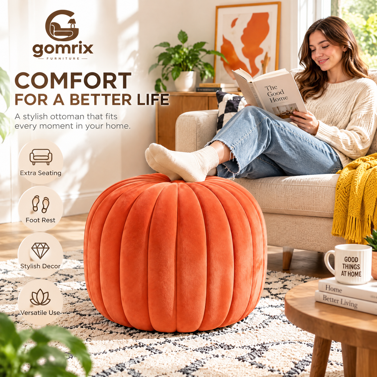 Gomrix Pumpkin Velvet Ottoman Stool