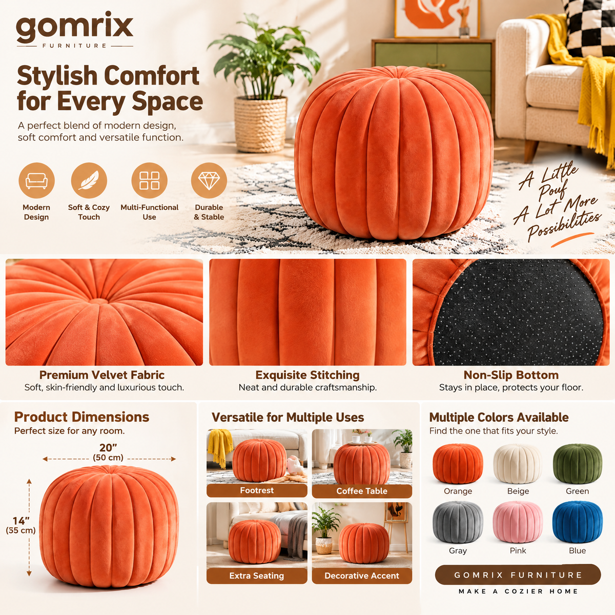 Gomrix Pumpkin Velvet Ottoman Stool