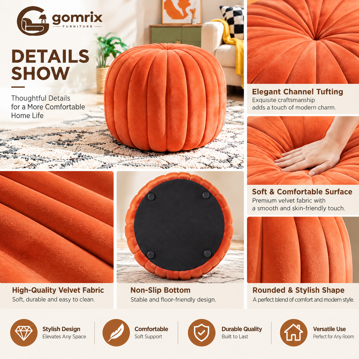 Gomrix Pumpkin Velvet Ottoman Stool