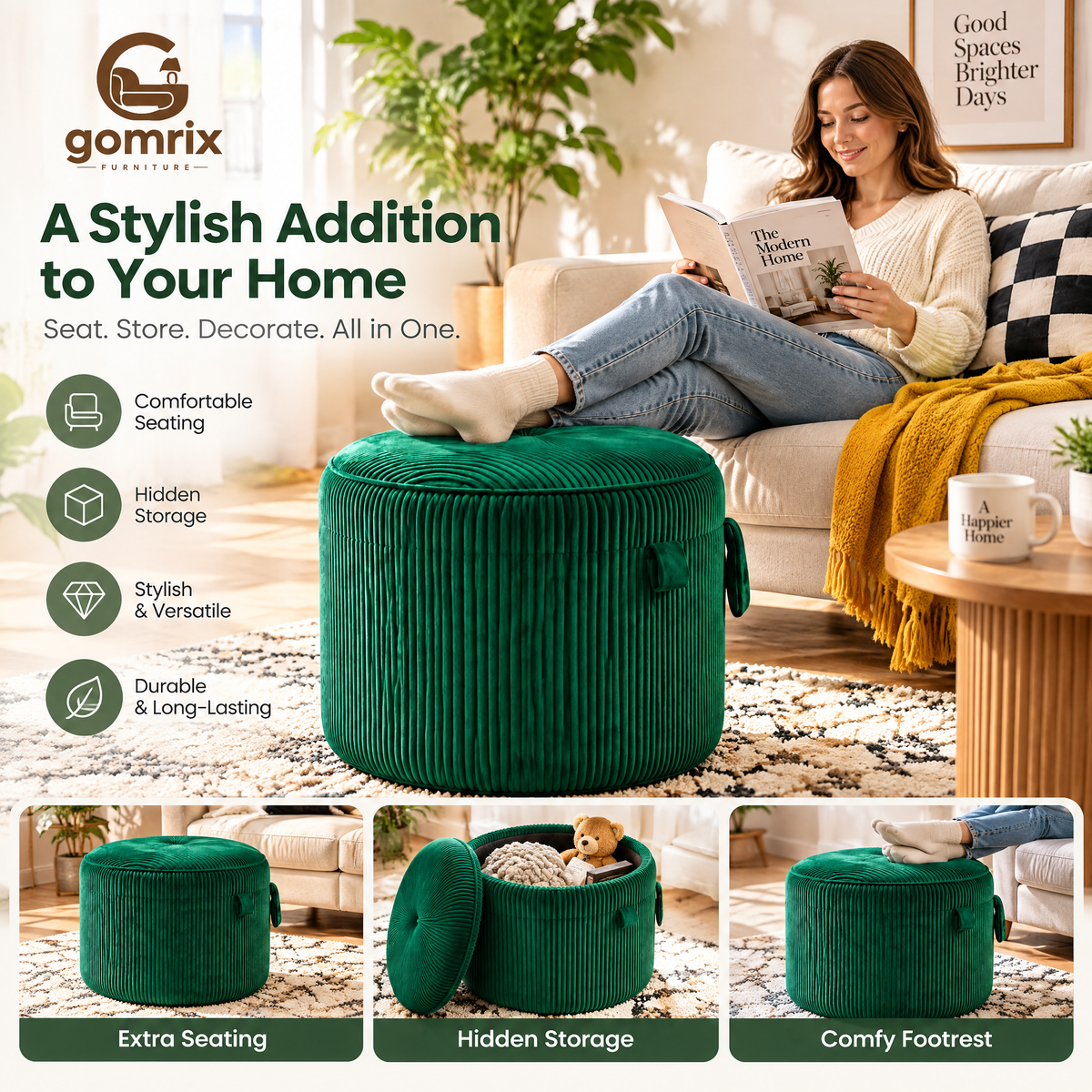 Gomrix Green Textured Ottoman Stool