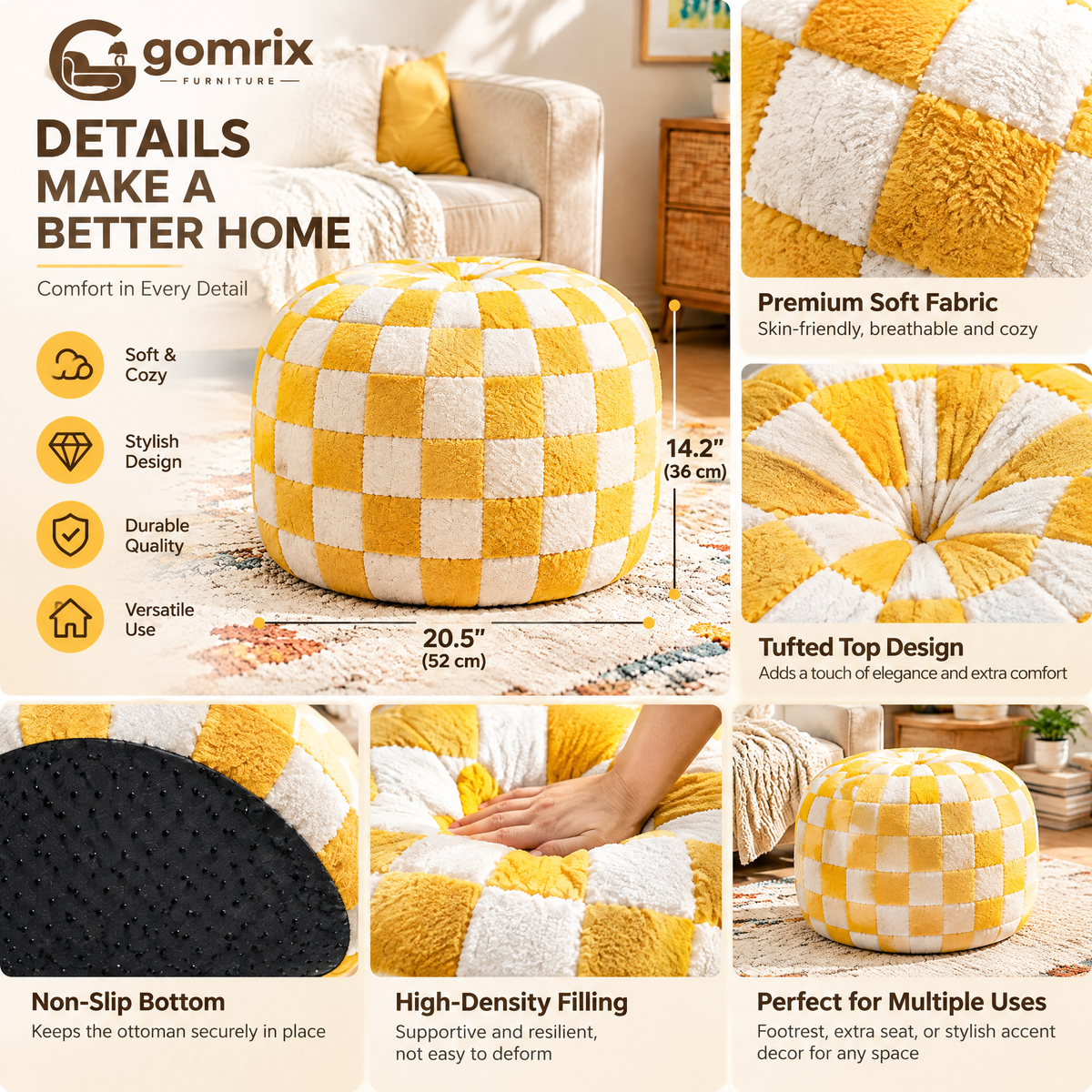 Gomrix Checkered Round Ottoman Stool